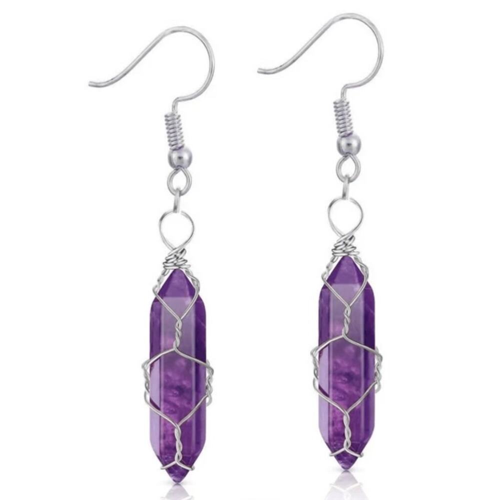 Retail $30 Silver Wire & Amethyst Crystal Hexagon Prism Hook Earrings*NEW